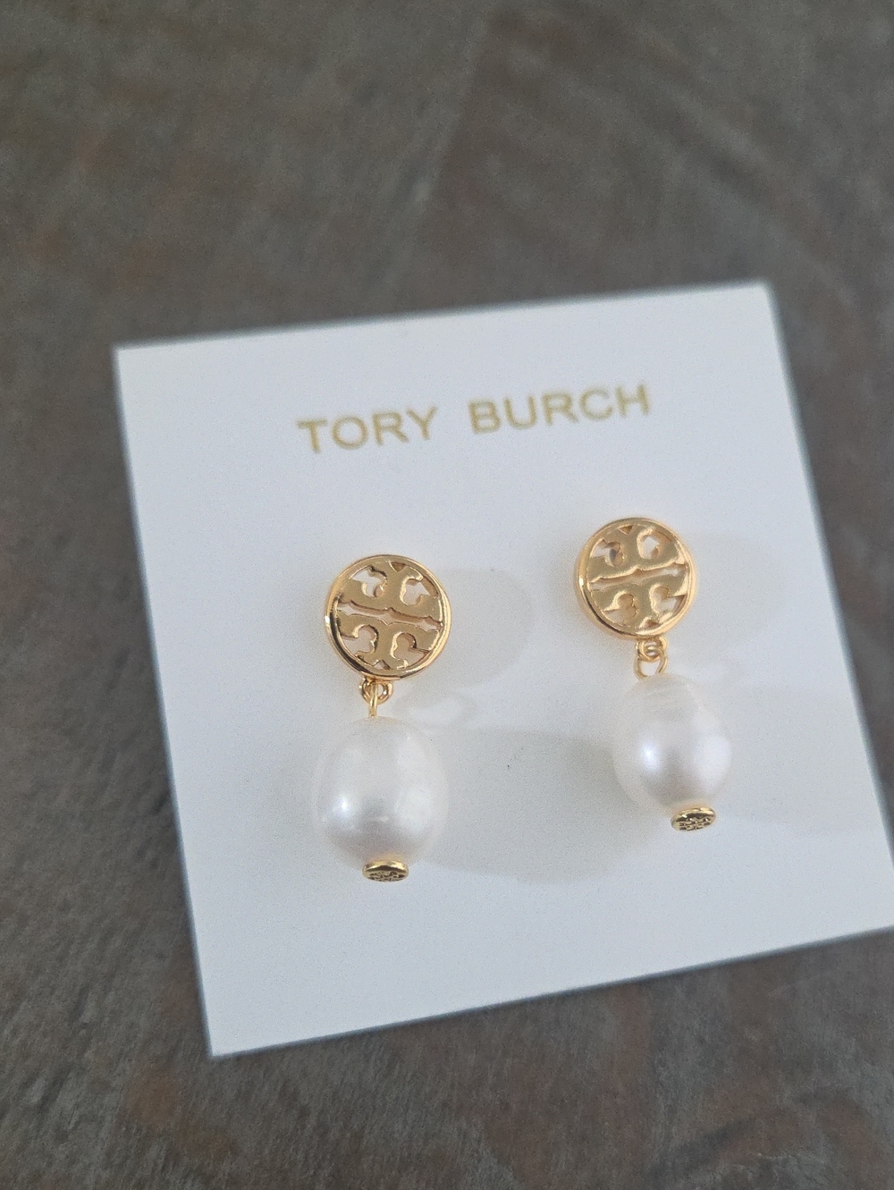 Tory Burch Gold Logo Drop Earrings with White Pearls